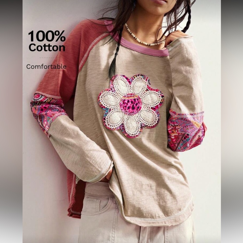 Plus Size Cotton Boho Patchwork Long Sleeve Loose Washed Graphic T-Shirt